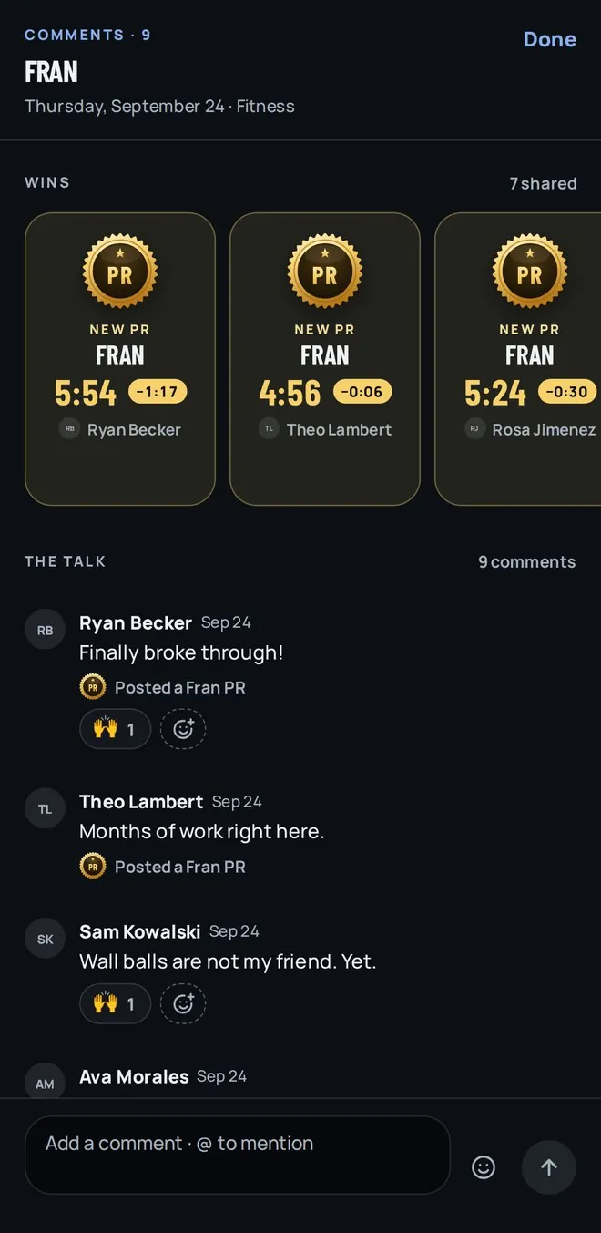 Comments and PRs under the day's workout