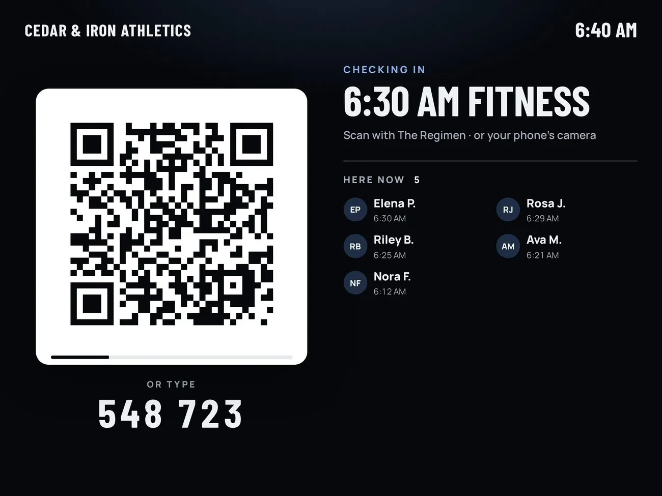 The door screen: a QR code, six digits and who's here